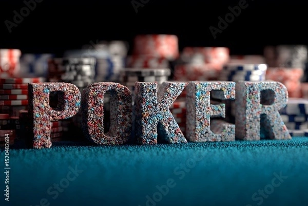 Obraz The word POKER in colorful, textured letters sits prominently on a blue surface with stacks of poker chips blurred in the background.