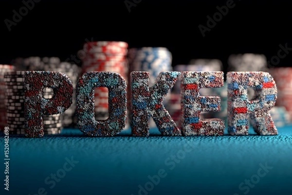 Obraz The word POKER spelled out in colorful poker chips on a blue felt surface with stacks of chips in the background