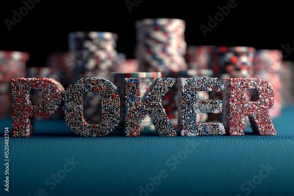 Obraz The word POKER spelled out in colorful poker chips on a dark blue background, representing the excitement and strategy of the game.