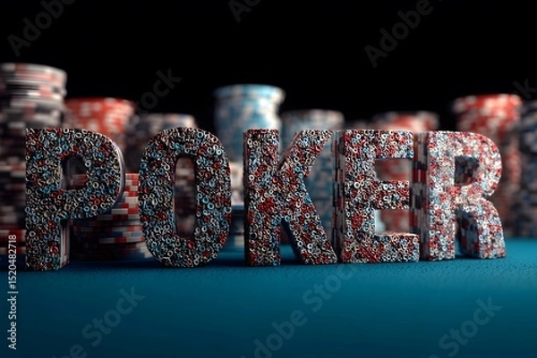 Obraz The word POKER spelled out in large, colorful letters surrounded by poker chips on a dark background