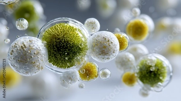 Obraz Microscopic View of Various Cells and Microorganisms in a Liquid Environment, Depicting Cellular Structures and Interactions