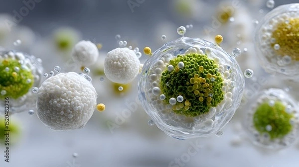 Obraz Microscopic view of cells with green and white spherical structures floating in a liquid environment.