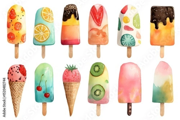 Obraz A variety of colorful watercolor painted ice pops and ice cream cones with different fruits and toppings