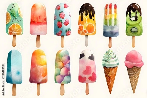 Obraz A colorful assortment of watercolor painted ice cream popsicles and cones featuring various fruits and designs