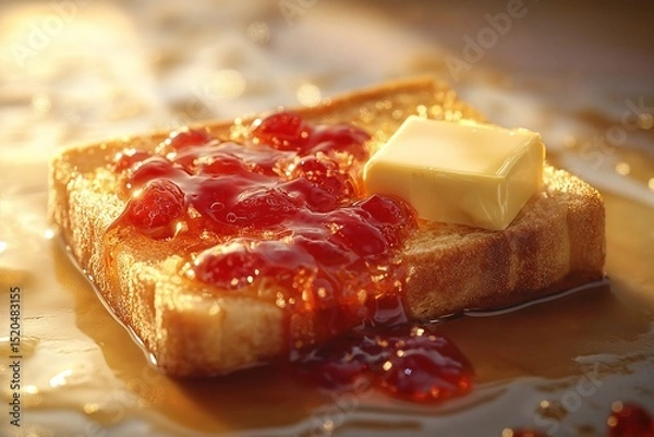 Fototapeta Delicious Toast with Jelly for a Classic Comfort Food Breakfast - Easy Homemade Recipe on a Wooden Table Spread