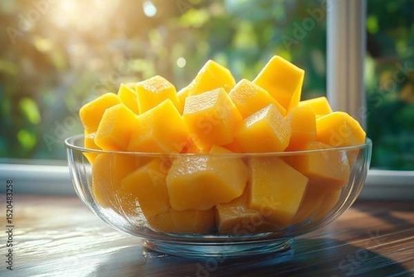 Fototapeta Refreshing Mango Cubes in Glass Bowl. A Tropical, Nutrient-Rich Summer Snack