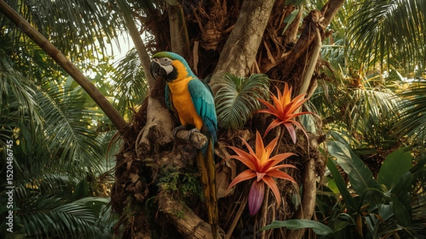 Fototapeta A macaw is seen perched in a thick jungle, surrounded by bright tropical blooms and deep green foliage.