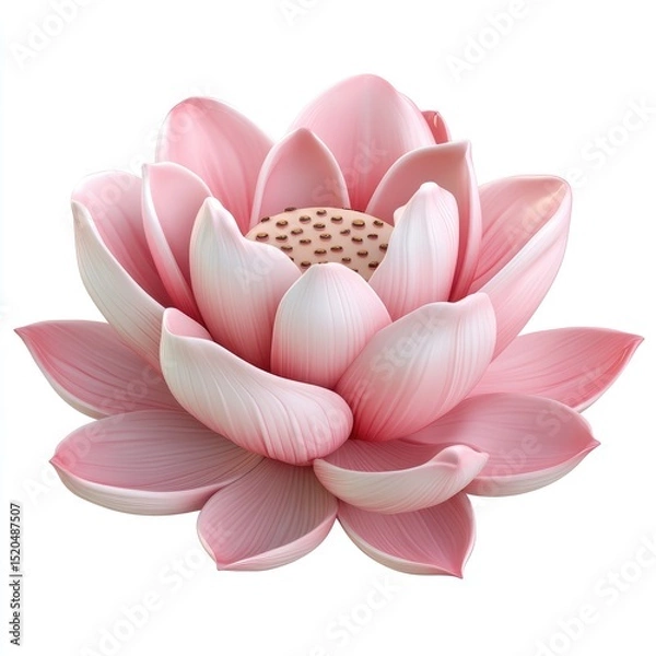 Obraz A delicate, pale pink lotus flower with subtly textured petals and a visible seed head, rendered in a realistic digital style against a stark white background