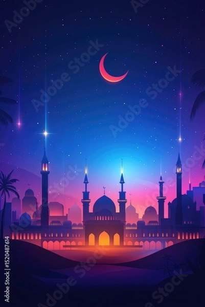 Obraz Vibrant cityscape at night, featuring a prominent mosque illuminated against a crescent moon and starry sky, with palm trees and shooting stars