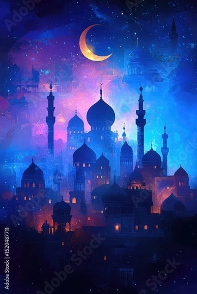Obraz A crescent moon illuminates a mystical city at night, silhouetted against a vibrant, starry sky.  Glowing lights emanate from the buildings, creating a dreamlike atmosphere