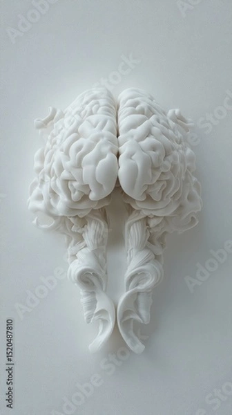Obraz A meticulously detailed, off-white sculpted brain, presented in a symmetrical, frontal view against a stark white background, showcasing intricate convolutions and elongated, swirling stems