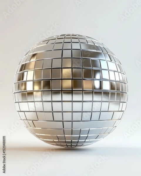 Obraz A mirrored sphere composed of numerous small, square facets, reflecting light, rests on a light background