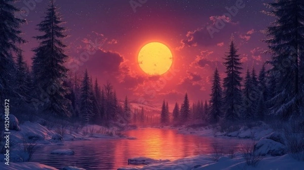 Fototapeta Winter night landscape with snowy forest and fir branches