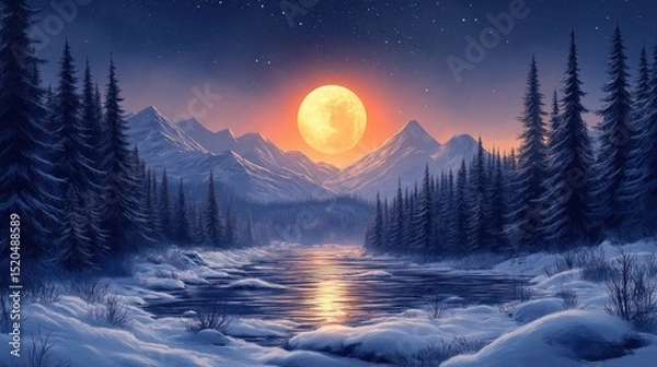 Fototapeta Winter night landscape with snowy forest and fir branches