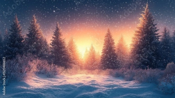 Fototapeta Winter night landscape with snowy forest and fir branches