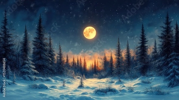 Fototapeta Winter night landscape with snowy forest and fir branches