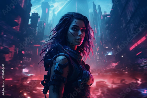 Obraz A cyberpunk-style female warrior in a neon-lit dystopian city