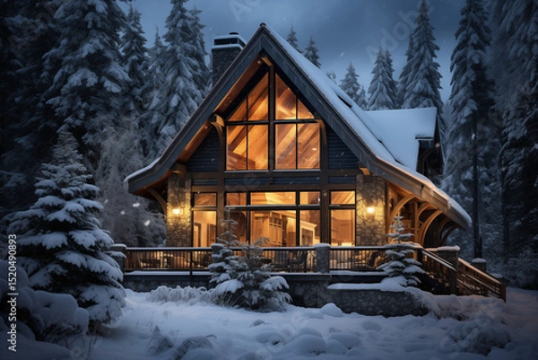 Obraz A cozy winter cabin in the mountains surrounded by snow-covered trees