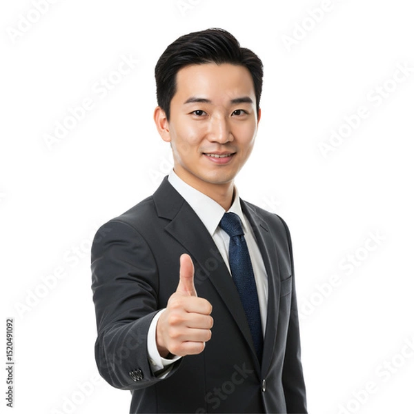 Fototapeta Confident young Asian businessman in a dark formal suit and tie, smiling and giving a thumbs up gesture of approval. Isolated on a transparent background, studio portrait.