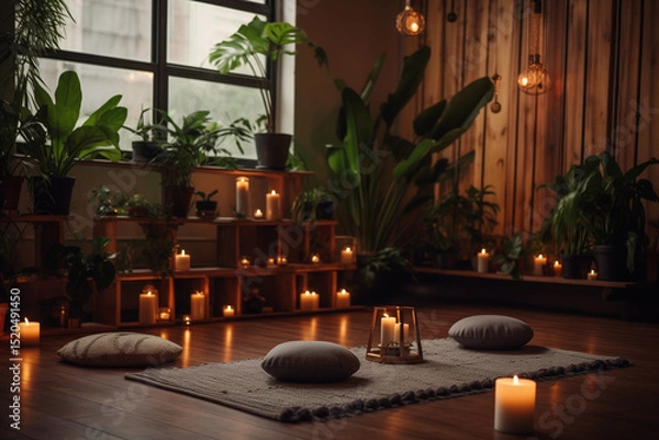Obraz A serene meditation space with candles, plants, and a yoga mat