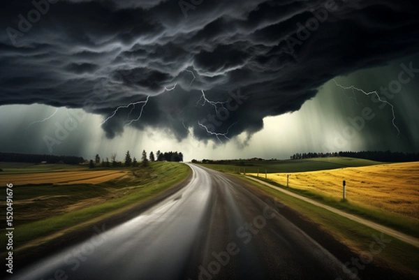 Obraz A dramatic stormy sky over an open road in the countryside