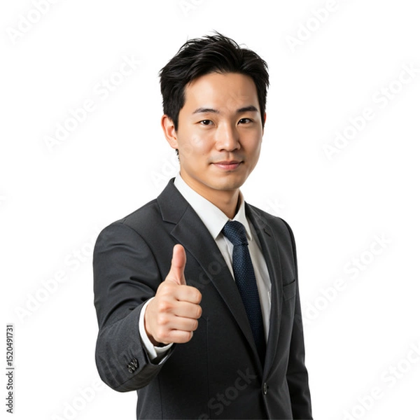 Fototapeta Young Asian businessman in a dark suit and tie giving a thumbs up gesture, looking at the camera with a slight smile. Isolated on a transparent background, studio shot.