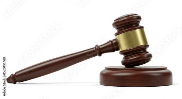 Fototapeta 白背景に分離された木製の裁判用ガベル - 法律関連のビジュアルに最適