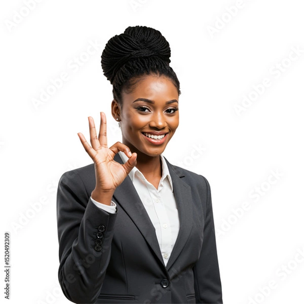 Fototapeta Young African American businesswoman in a grey suit smiling and showing an OK gesture. Professional Black woman expressing approval and success on a transparent background.