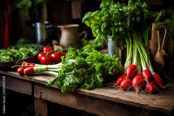Obraz A rustic wooden table with fresh organic vegetables and herbs