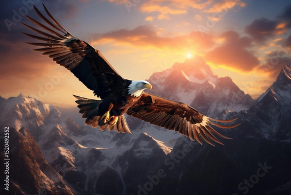 Obraz A majestic eagle flying over a stunning mountain range at sunrise