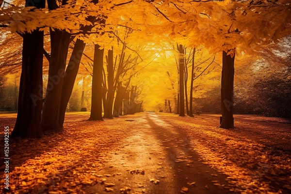 Obraz A scenic autumn forest path covered in golden leaves with soft sunlight
