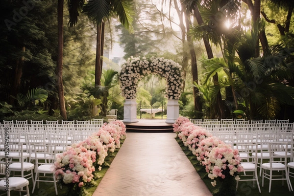 Obraz A grand wedding ceremony in a beautiful outdoor garden setting 