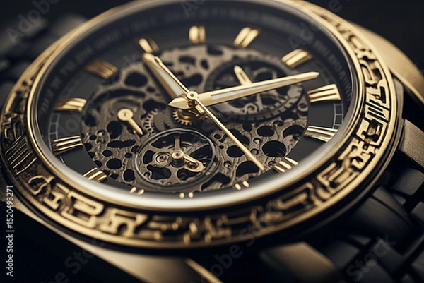 Obraz A close-up shot of a black and gold luxury watch with elegant details 