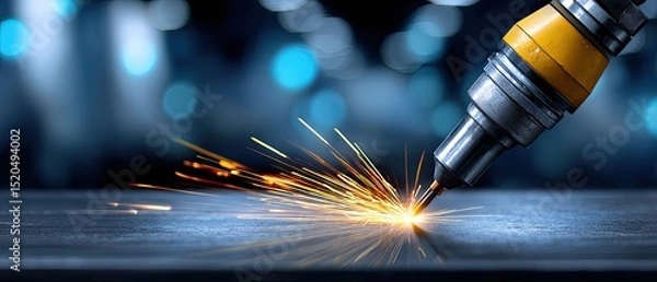 Fototapeta A robotic laser cuts metal, creating bright sparks in a high-tech industrial setting.
