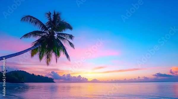 Fototapeta Tropical Sunset Beach Scene With Palm Tree Silhouette