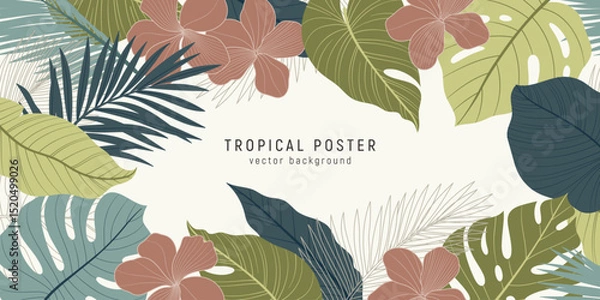 Fototapeta Tropical leaves and flowers vector background. Exotic summer poster with green foliage and hibiscus in earthy tones. Jungle botanical frame design.
