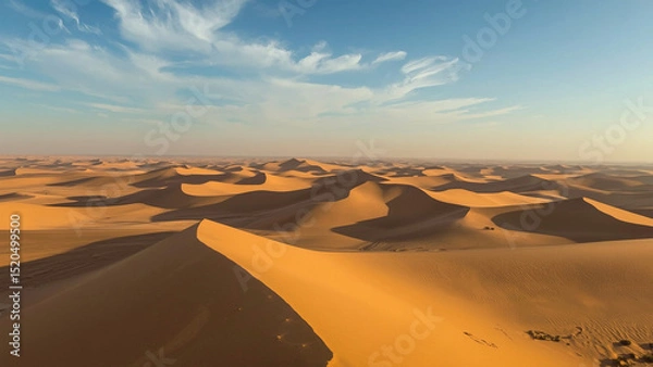 Fototapeta A stunning view of golden sand dunes extending under a bright blue sky, capturing the beauty of the desert landscape.