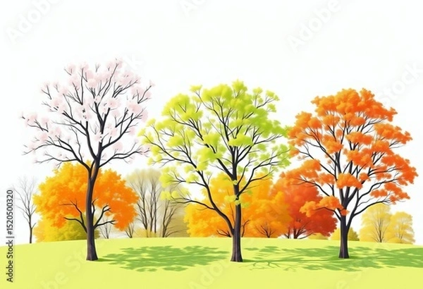 Fototapeta Simple vector illustrations of trees in spring blossom, summer green, and autumn orange foliage, clipart, branch