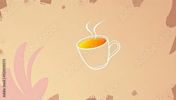 Fototapeta Simple line art of coffee/tea cup soaring in space, grunge texture, colorful accents, universe, dreamy