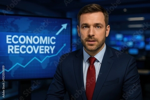 Fototapeta Businessman Announcing Economic Recovery with Upward Trend Graph and News Studio Background