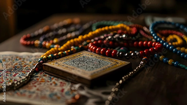 Obraz Colorful Prayer Beads And Quran On Wooden Table