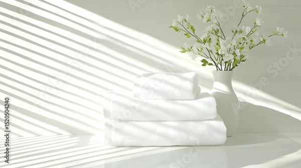 Obraz Stacked White Towels With Flowers Under Sunlight