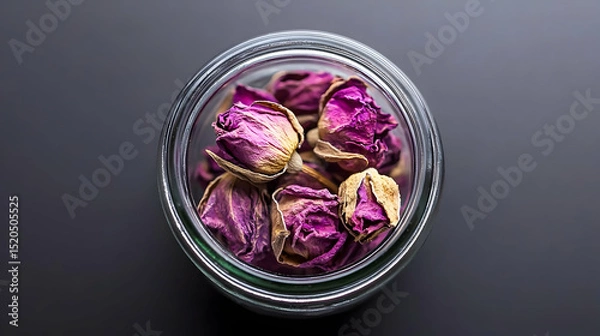 Obraz Dried Rose Buds In Glass Jar On Dark Background