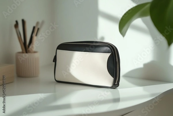 Fototapeta pouch unzipped on vanity, white desk, uncluttered composition, soft shadow detail