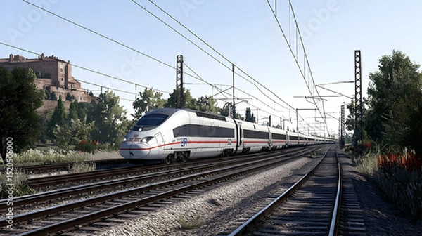 Obraz High-Speed Train On Tracks With Scenic Countryside View