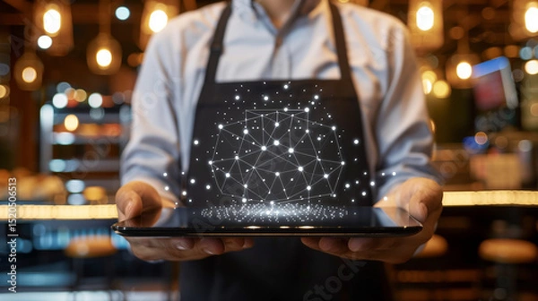 Fototapeta Waiter hand holding an empty digital tablet with smart city and 5G network wireless systems and internet of things 