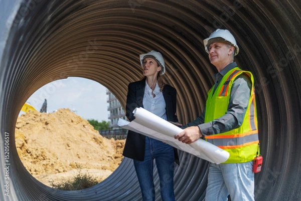Obraz Two construction professionals in safety gear crouch inside a large drainage pipe, reviewing blueprints and discussing plans with excavation work and dirt piles visible outside the tunnel.