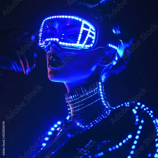Obraz Woman in futuristic costume. Female in modern VR glasses interacting with network while having virtual reality experience. Augmented reality game, future technology, AI concept. VR. Neon blue light.
