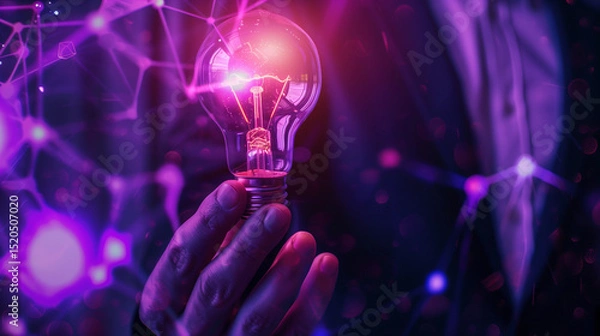 Obraz Businessman holding a bright light bulb. Concept of Ideas for presenting new ideas Great inspiration and innovation new beginning. Futuristic tone purple, neon color. Analyzing data