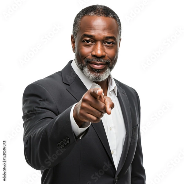 Fototapeta Confident mature African American businessman in a dark suit and white shirt pointing directly at the camera with a smile. Isolated on a transparent background, studio portrait.